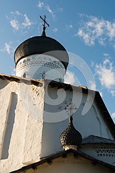 Pskov, Russia, September 6, 2023. Fragment of a temple in a typical Pskov architectural style.