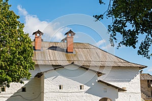 Pskov, Russia, September 6, 2023. The roof of an ancient stone house in the Kremlin.