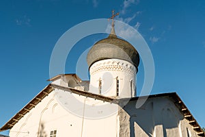 Pskov, Russia, September 6, 2023. The roof and domes of an ancient temple against the sky.