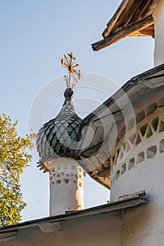 Pskov, Russia, September 6, 2023. Small dome on the roof of the church.