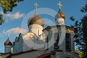 Pskov, Russia, September 6, 2023. The upper part of the bell tower and dome of the Church of Vasily.