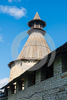 Pskov, Russia, September 6, 2023. Watchtower with a gazebo above the fortress wall.