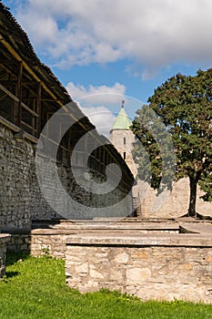 Pskov, Russia, September 6, 2024. Gallery on the wall of the fortress leading to the tower.