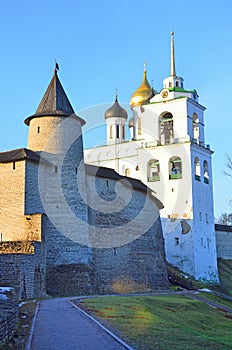 Pskov, Russia, the walls of ancient Pskov Kremlin and Svyato-Troitsky cathedral