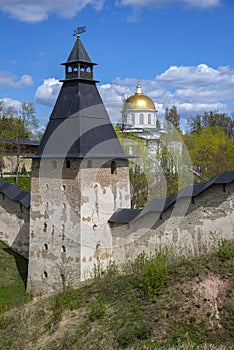 Pskovo-Pechersky Monastery on a spring day. Pechory, Pskov region. Russia