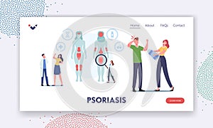 Psoriasis Landing Page Template. Tiny Doctor Character Show Affected Areas on Human Body. Autoimmune Skin Disease