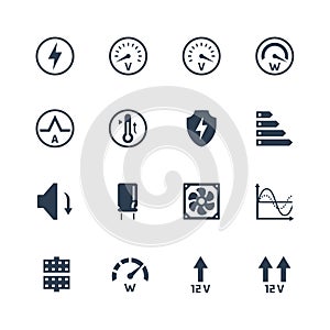 PSU or power supply unit for desktop computer icons. Protections and features