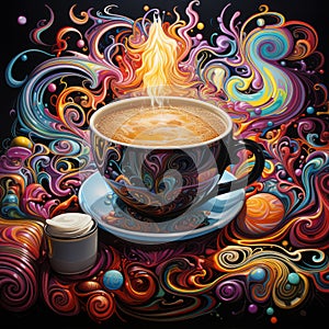 Psychadelic art coffee culture style in square format, AI Generated