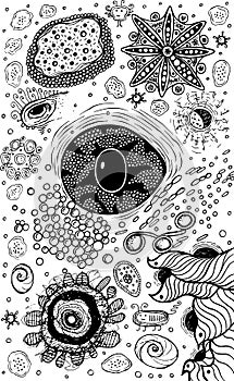 Psychedelic abstract ink abstract sketch with eye. Surreal weird line drawing for design, coloring page for adults. Vector