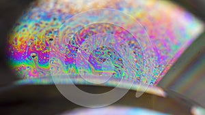 Psychedelic abstract planet-like soap bubble, light refraction on a soap bubble, Macro Close Up in soap bubble. Rainbow colors on