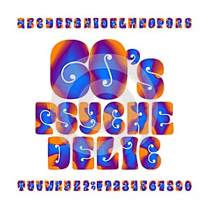 Psychedelic alphabet vector font. Hand drawn letters and numbers in 60`s hippy style. photo