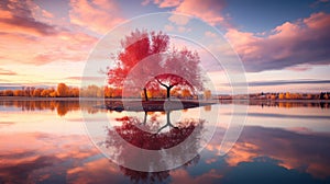 Psychedelic Autumn: A Red Tree Floating In A Beautiful Lake