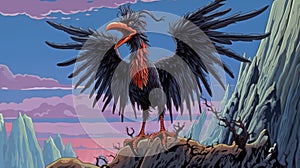 Psychedelic Black Bird On Mountain: Grotesque Caricatures In High Resolution