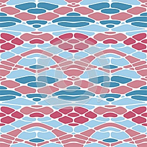 Psychedelic cells seamless abstract pattern in blue red colors, abstract wavy organic shapes, arcs, stones vector background