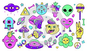 Psychedelic characters set. Skull and alien emoji sticker, crazy doodle smiling creatures. Retro surreal trippy hippie