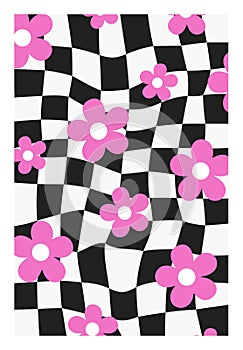 Psychedelic Checkerboard. Waves groovy background with funky flowers. Hippie wallpaper in Y2k style. Retro vector