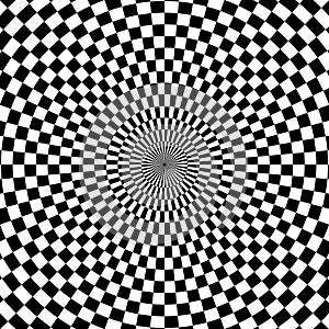 Psychedelic checkered circle background. Round background with checkerboard pattern. Chequer psychedelic mosaic. Chess