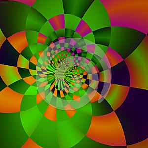 Psychedelic circle background design. Art poster idea. Green glowing light. Web elements. Stylish tile mosaic. Multi spectrum.