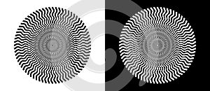 Psychedelic circle with waving lines as logo or tattoo. Design element or icon. Black shape on a white background and the same