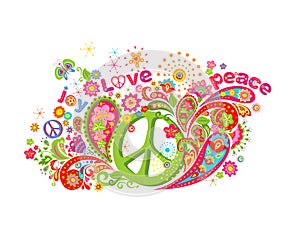 Psychedelic colorful print with hippie peace symbol, flower-power, love, peace and joy word, butterfly and paisley