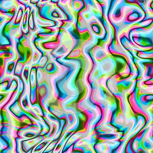 Psychedelic colorful seamless geometric pattern with curved lines, Funky liquid shapes, wavy vivid design. Hippie impressionism