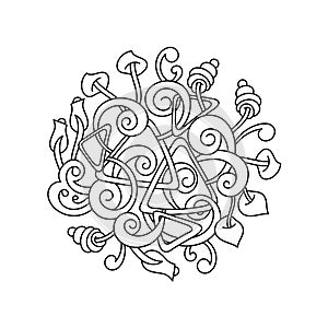 Psychedelic, Coloring book for adults . Interweaving , entanglement of different elements. Decorative round pattern in Doodle