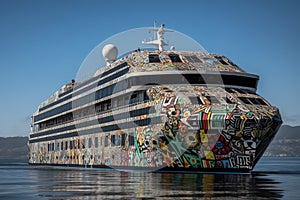 A psychedelic Cruise Ship in the Caribbean with crystal clear blue water. Generative AI