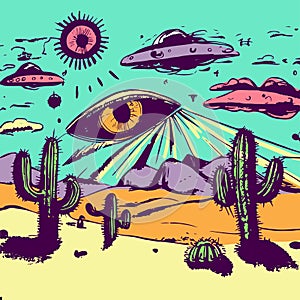 Psychedelic desert landscape with surreal cactuses, UFOs, aliens and floating eyes
