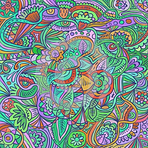 Psychedelic doodle floral abstract pattern. Hand drawn vector.