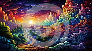 A psychedelic dreamscape with swirling vortexes and geometric patterns in technicolor splendor by AI generated