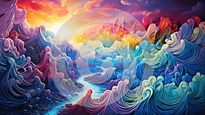 psychedelic dreamscape with swirling vortexes and geometric patterns in technicolor splendor wave by AI generated