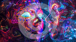 Psychedelic faces with intricate neon patterns