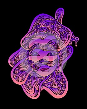 Psychedelic fantastic cyborg girl face in wires, bright pink violet gradient color, isolated black background.