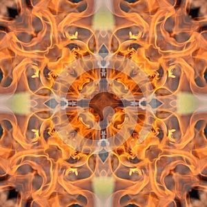 Psychedelic fire fractal mandala gradient bright red, orange, yellow colors on dark background. abstract element pattern