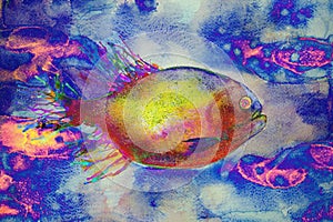 Psychedelic fish swimming in a strange environment.