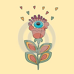 A psychedelic flower with a looking blue eye and hearts in trendy retro colors on beige background.