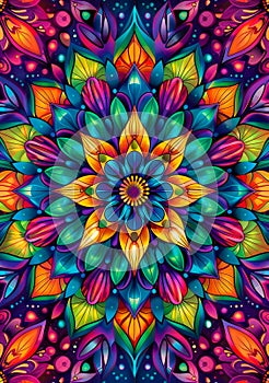 psychedelic geometric mandala, intricate repeating patterns, vivid rainbow palette, hypnotic background