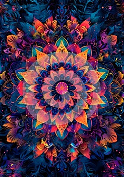 psychedelic geometric mandala, intricate repeating patterns, vivid rainbow palette, hypnotic background