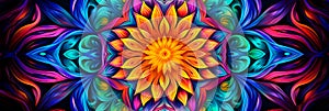 psychedelic geometric mandala, intricate repeating patterns, vivid rainbow palette, hypnotic background