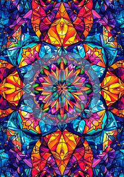 psychedelic geometric mandala, intricate repeating patterns, vivid rainbow palette, hypnotic background