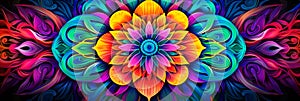 psychedelic geometric mandala, intricate repeating patterns, vivid rainbow palette, hypnotic background