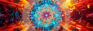 psychedelic geometric mandala, intricate repeating patterns, vivid rainbow palette, hypnotic background