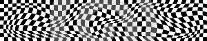 Psychedelic horizontal pattern with warped black and white squares. Distorted chess board background. Hypnotizing