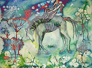 Psychedelic horse in desolated landscape.