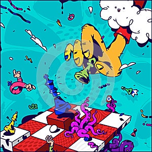 Psychedelic illustration about Chess. Vector. Hand with pawn checkmate. Surrealistic picture on the topic of management and