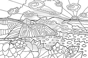 Psychedelic illustration with seaside landscape. Ocean sunset. Line art coloring page for adults. Hippie 60s artwork. Vector