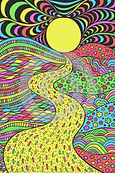 Psychedelic landscape. Colorful trippy artwork with line art. Pathway in meadows and waves. Seaside illustration. Doodle drawing.