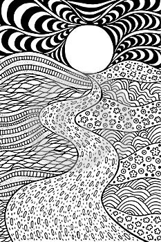 Psychedelic landscape. Coloring page for adults. Pathway in meadows and waves. Seaside illustration. Doodle drawing. Vector photo