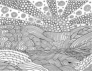 Psychedelic landscape. Coloring page for adults. Sea sunset.Sun, ocean, sky and clound. Oceanic waves. Seaside illustration. photo