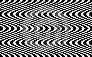 Psychedelic lines. Abstract pattern. Texture with wavy banner, curves stripes. Optical art background. Wave black and white design